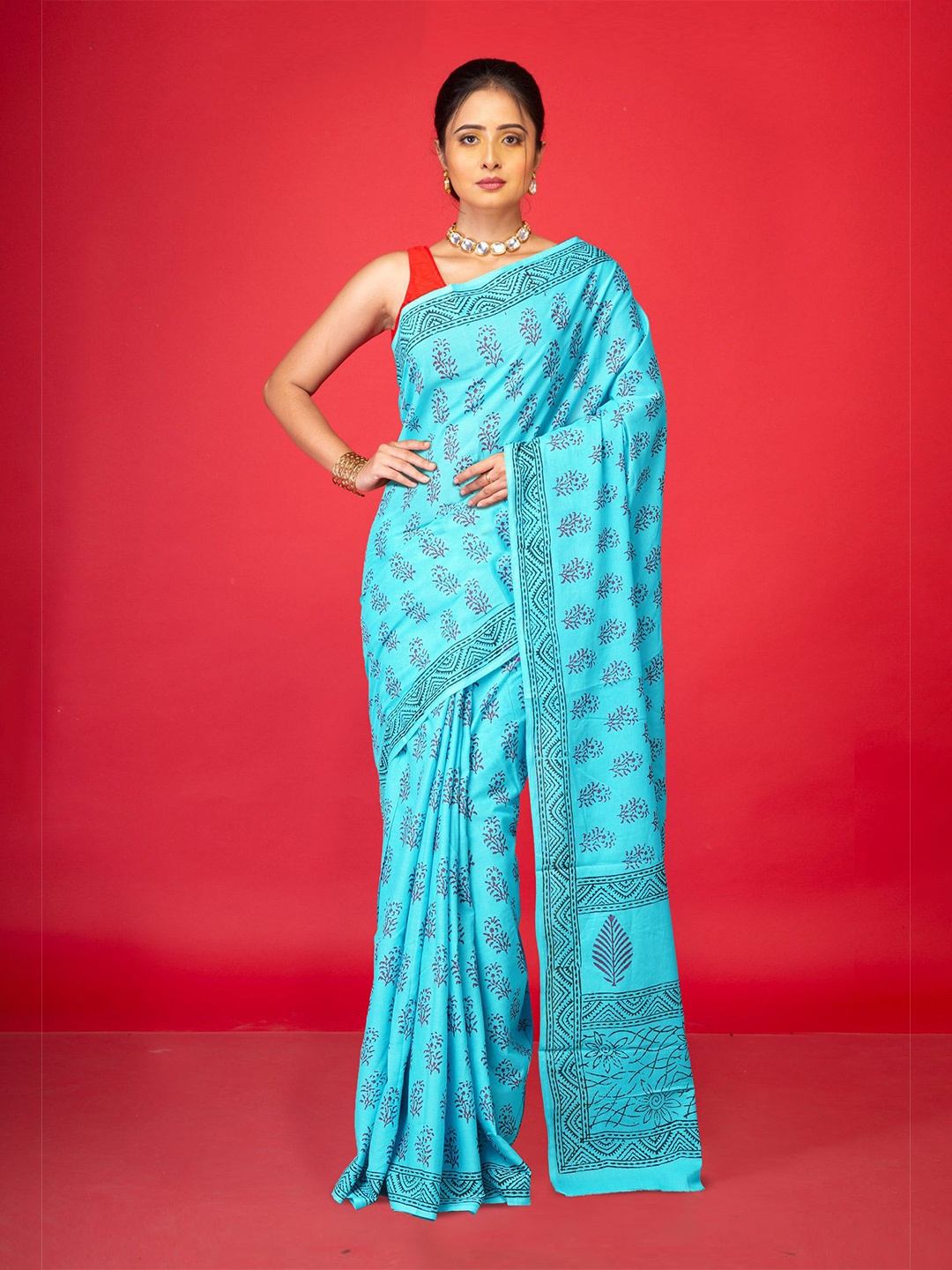 

Unnati Silks Ethnic Motifs Pure Cotton Handloom Block Print Saree, Blue