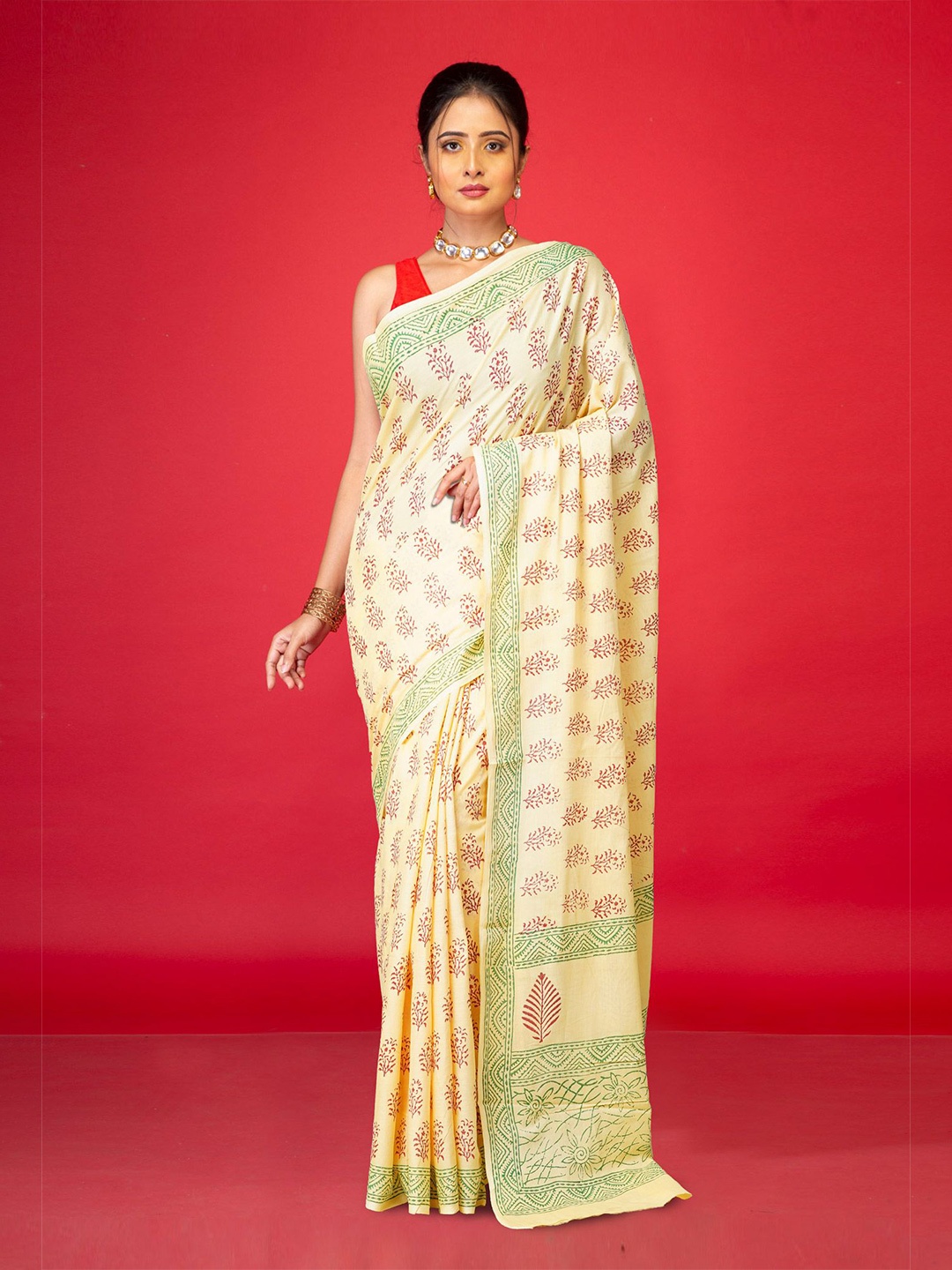 

Unnati Silks Ethnic Motifs Pure Cotton Handloom Block Print Saree, Cream