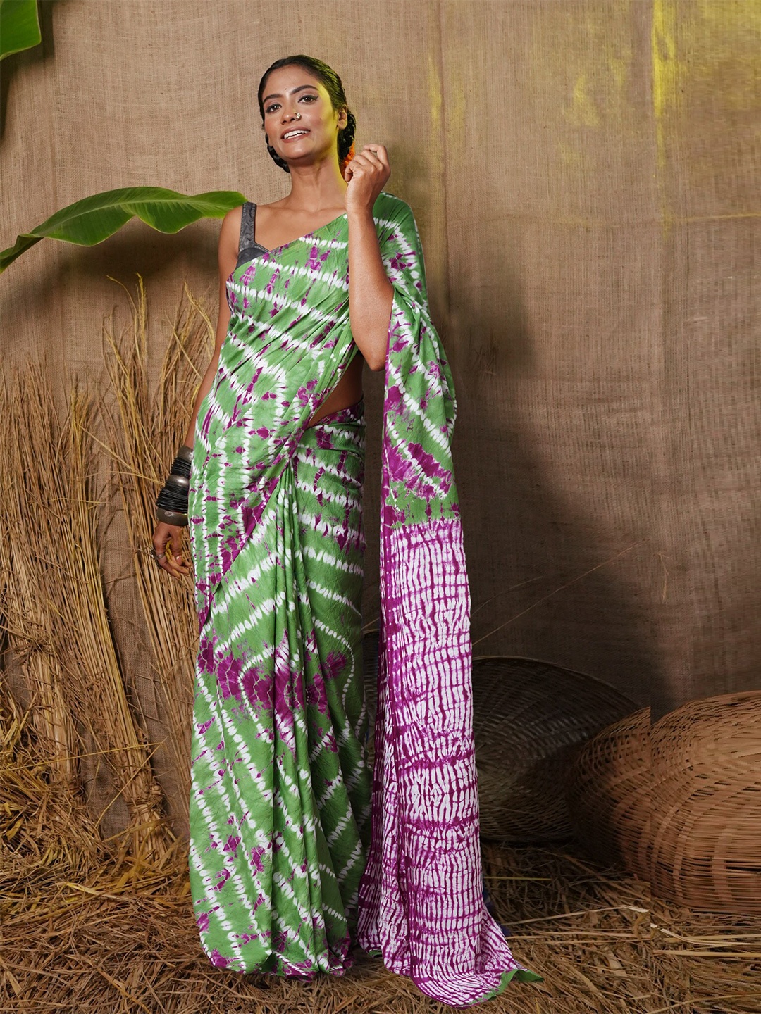 

Unnati Silks Tie and Dye Pure Cotton Handloom Leheriya Saree, Green