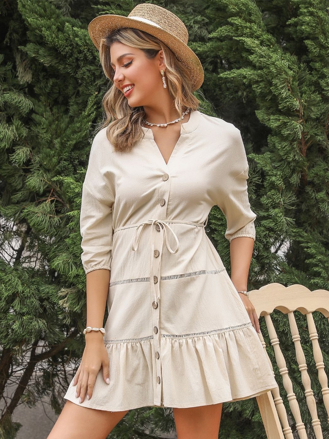 

Stylecast X KPOP Solid Three-Quarter Sleeves Fit and Flare Dress, Cream