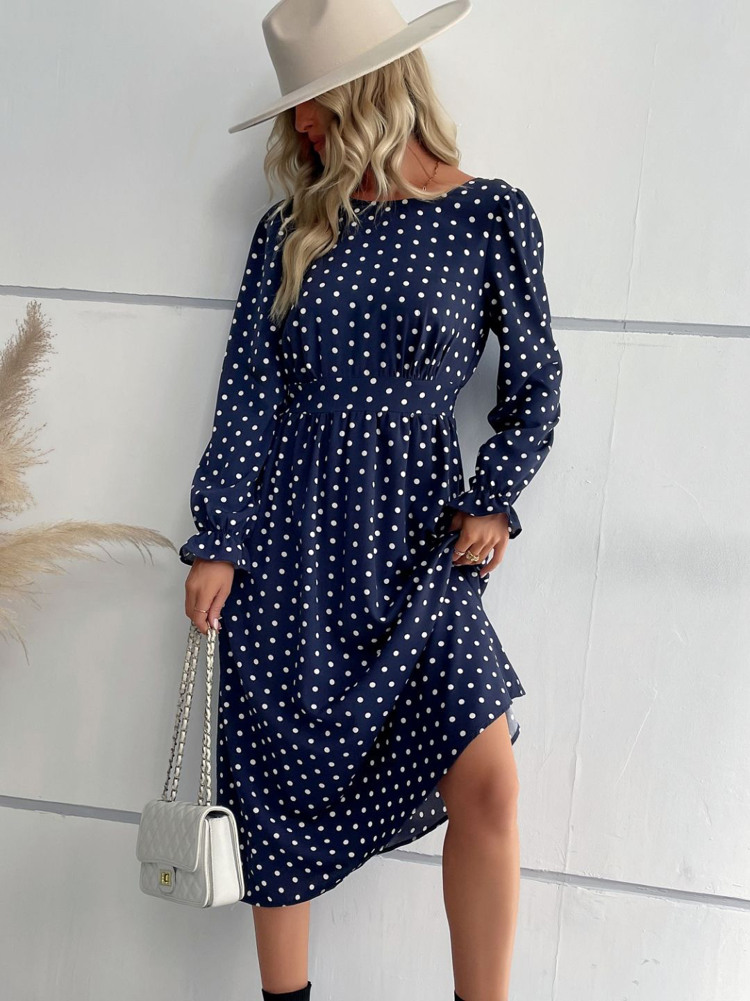 

Stylecast X KPOP women Polka Dot Print Fit & Flare Dress, Navy blue