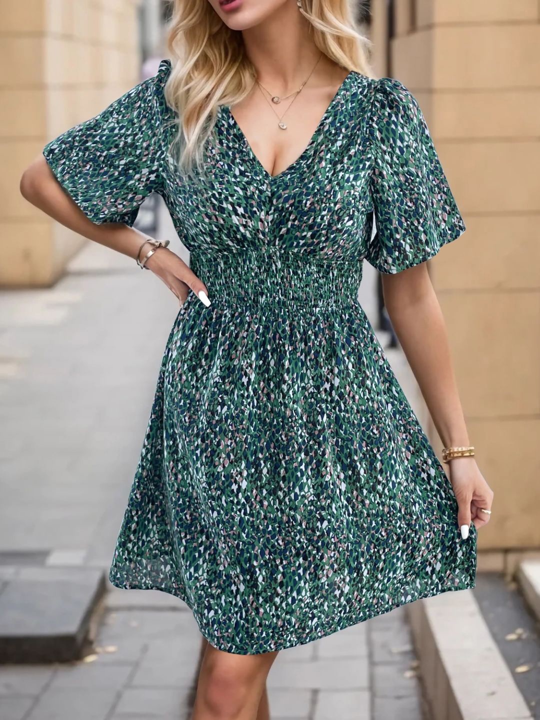 

Stylecast X KPOP Women Floral Print Puff Sleeve Fit & Flare Dress, Green