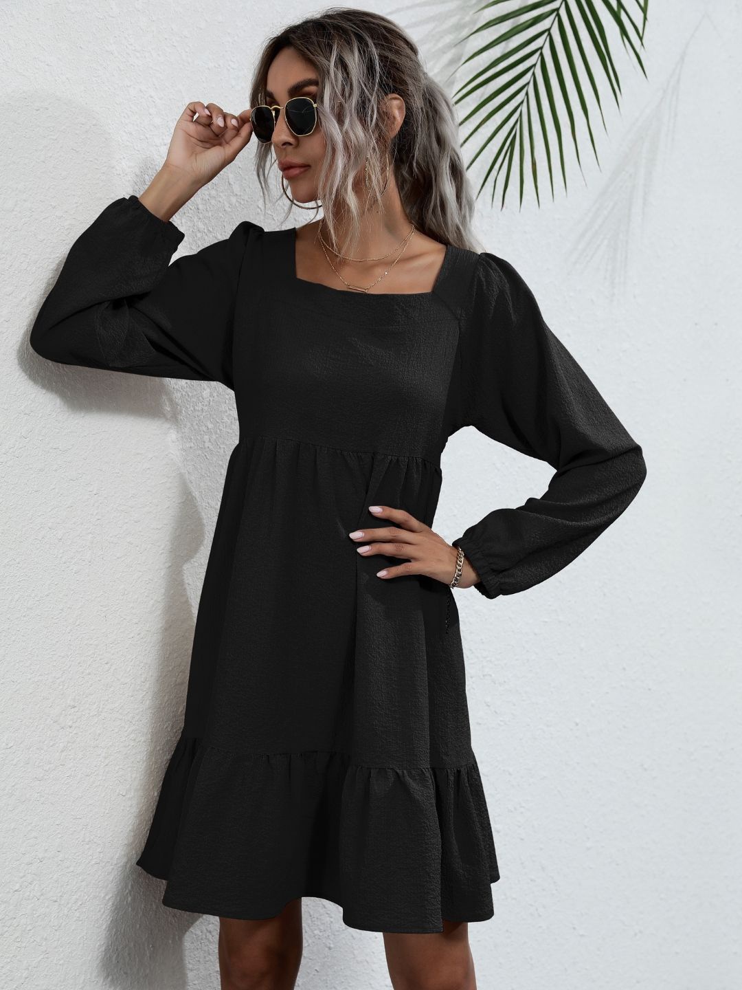 

Stylecast X KPOP Square Neck Solid A-Line Dress, Black