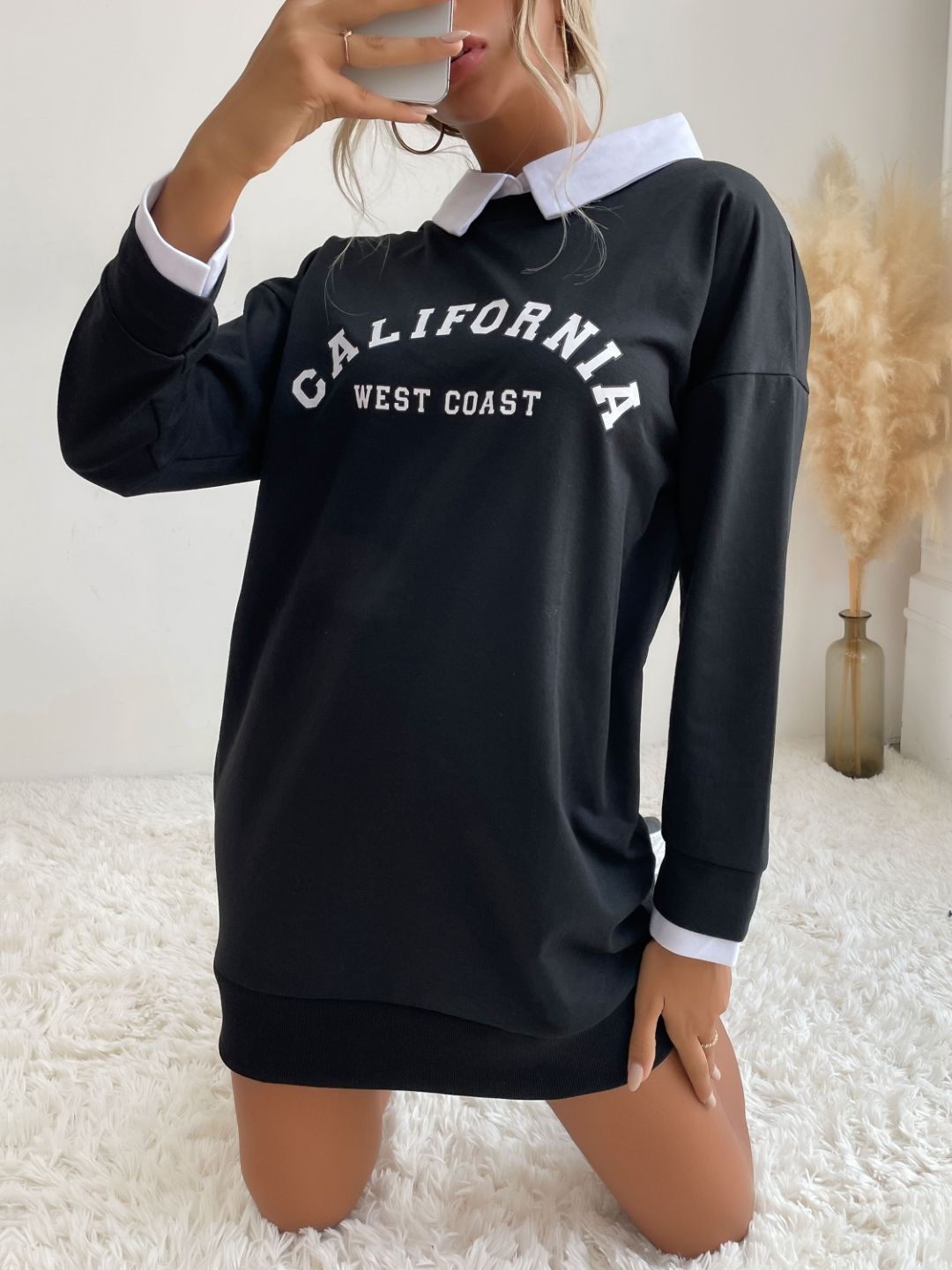 

Stylecast X KPOP Women Shirt Collar Typography Printed Sweatshirt, Black