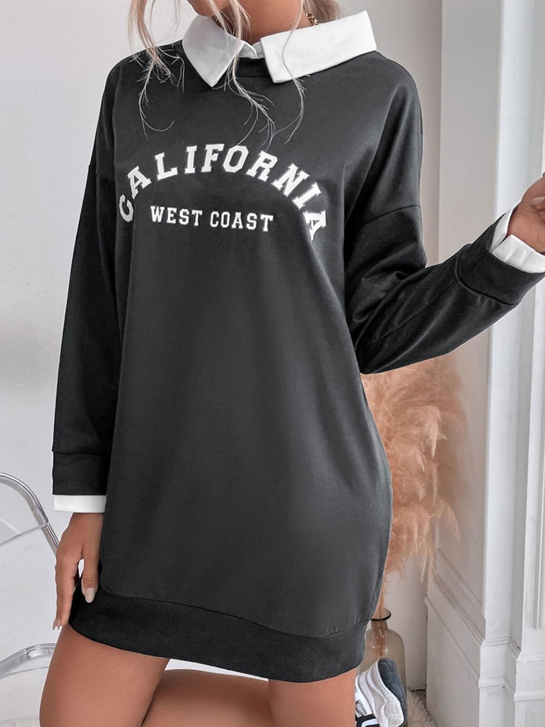 

Stylecast X KPOP Women Shirt Collar Typography Printed Sweatshirt, Grey