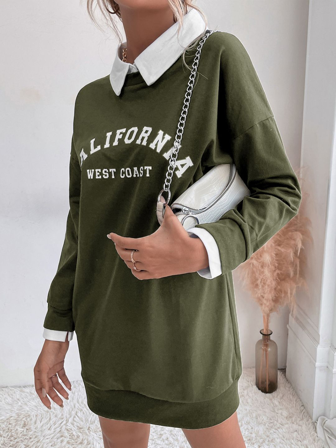 

Stylecast X KPOP Women Shirt Collar Typography Printed Sweatshirt, Green