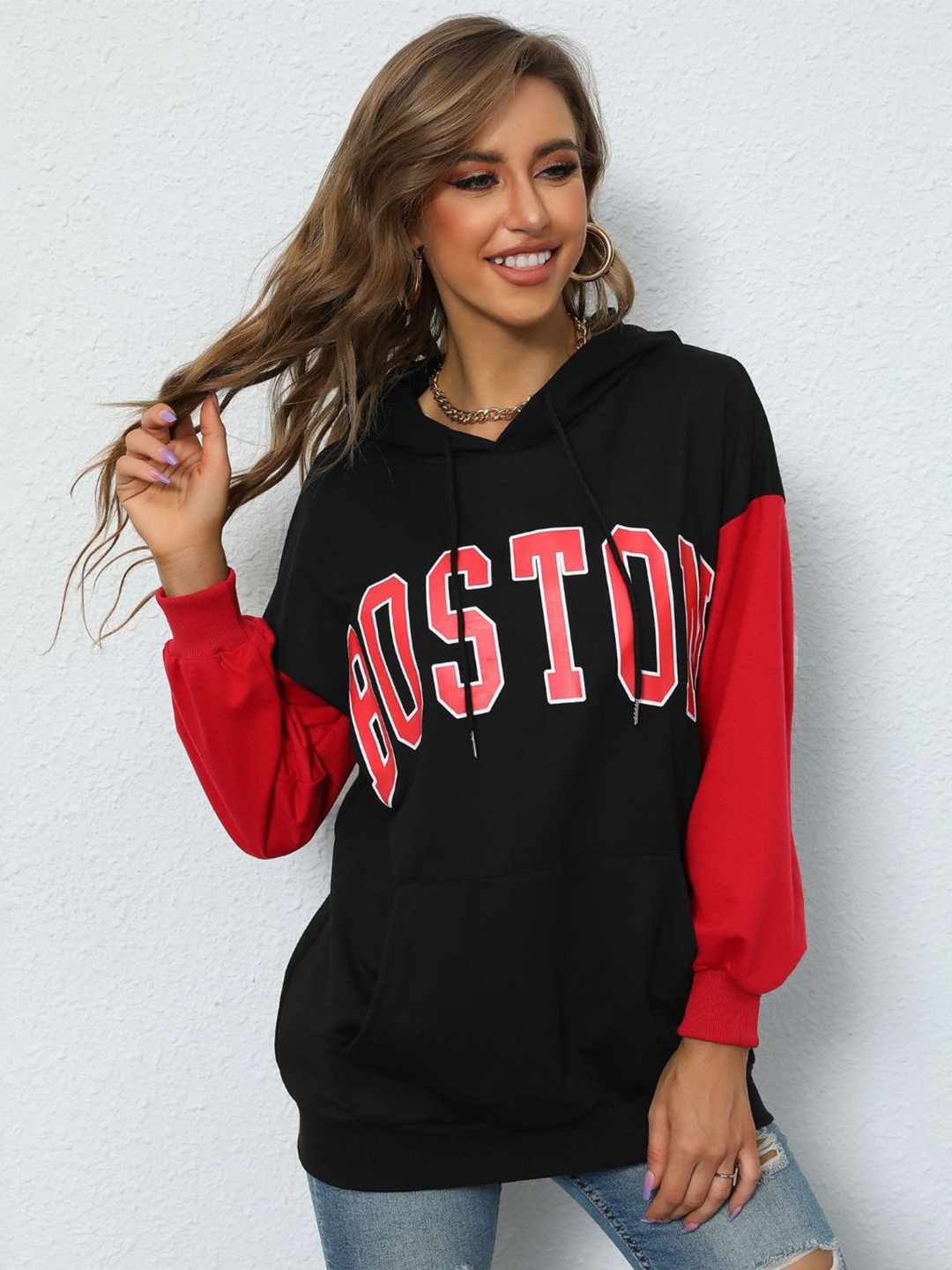 

Stylecast X KPOP Women Typography Printed Kangaroo Pocket Hooded Sweatshirt, Black