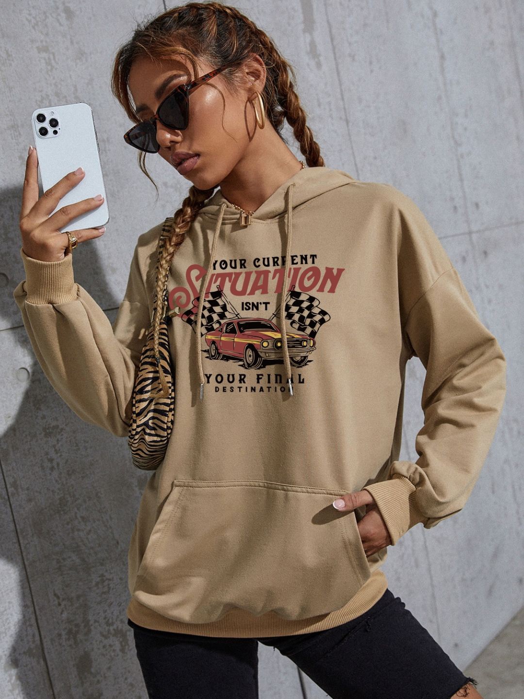 

Stylecast X KPOP Women Typography Printed Kangaroo Pocket Hooded Sweatshirt, Khaki