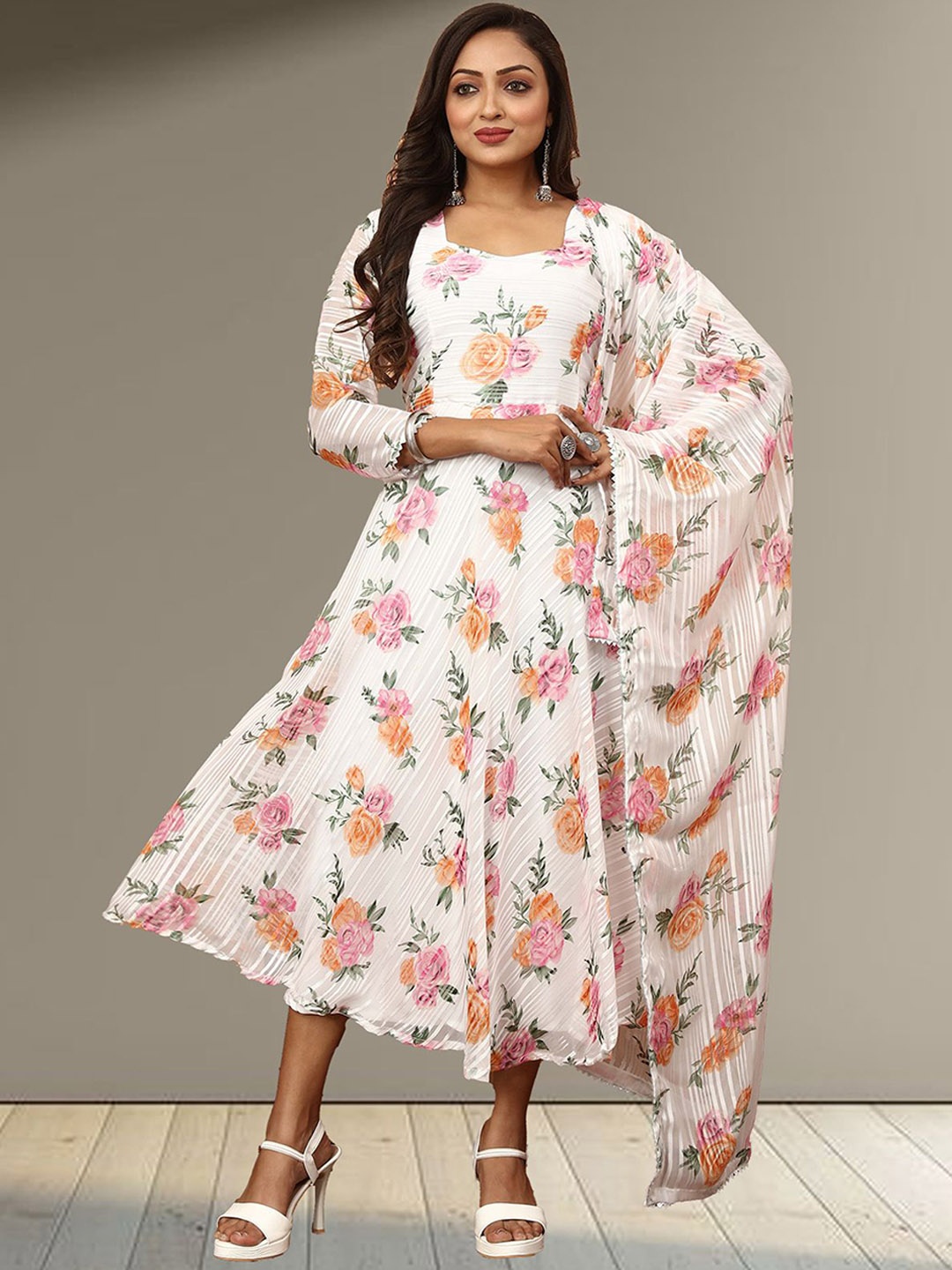 

N N ENTERPRISE Floral Printed Georgette Fit & Flare Maxi Ethnic Dresses With Dupatta, Pink