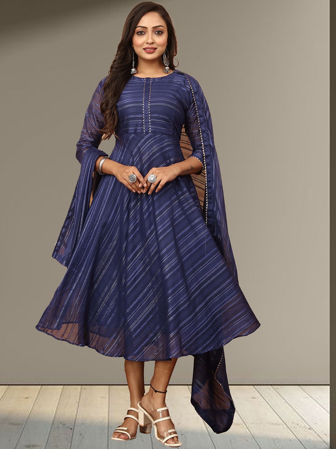 

N N ENTERPRISE Striped Fit & Flared Midi Ethnic Dresses With Dupatta, Blue