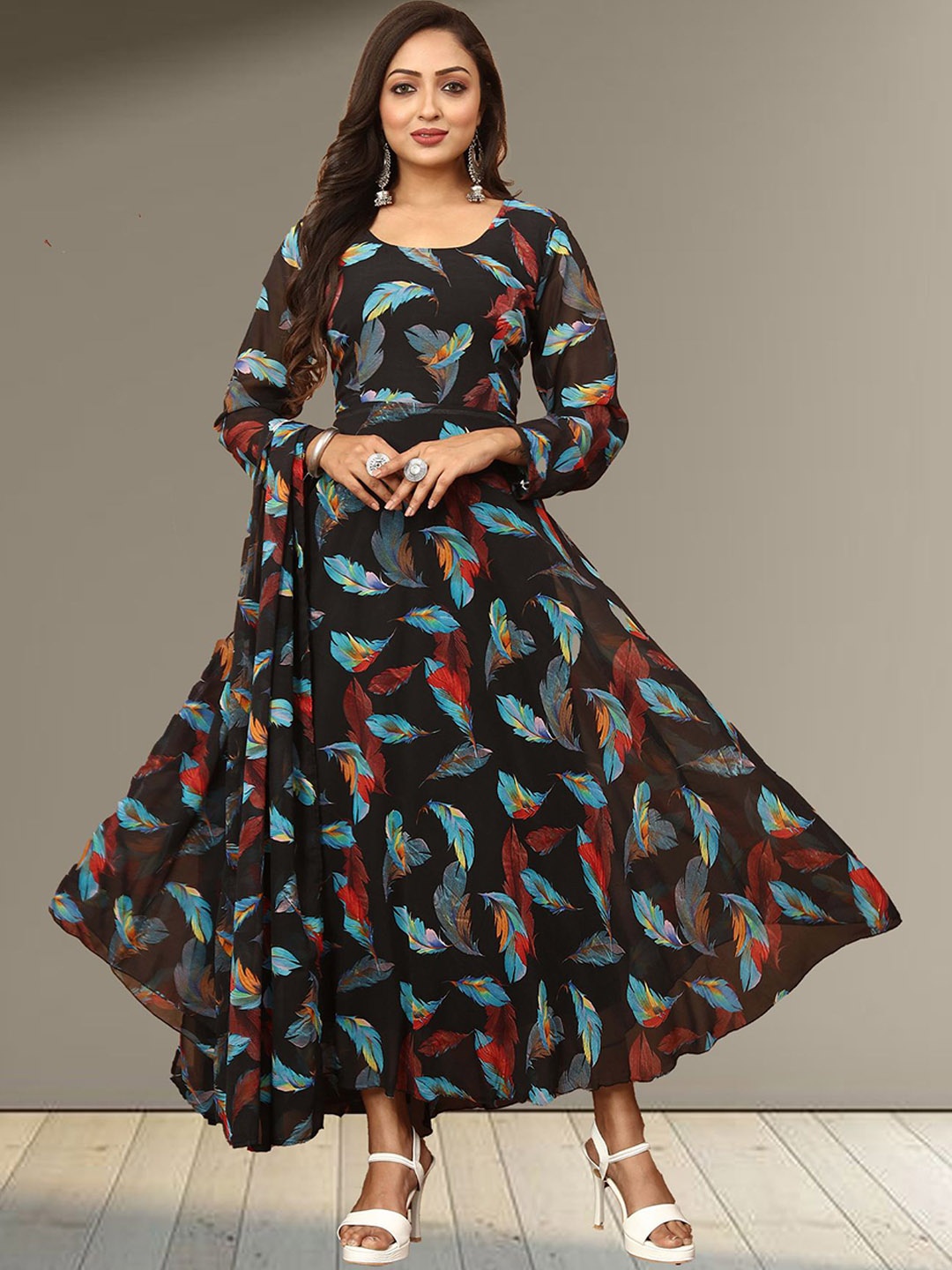 

N N ENTERPRISE Floral Printed Fit & Flared Maxi Ethnic Dresses With Dupatta, Black