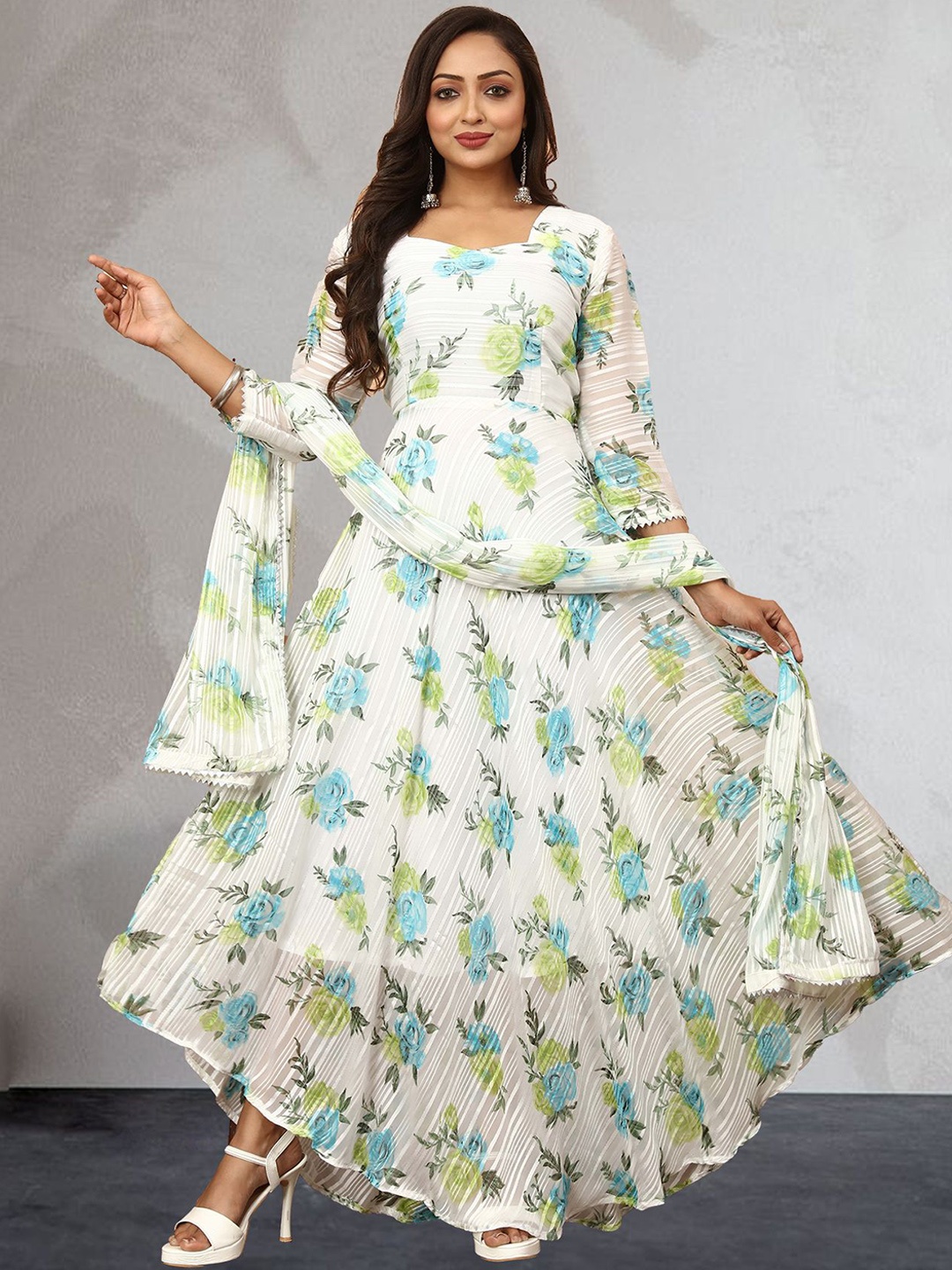 

N N ENTERPRISE Printed Sweetheart Neck Georgette Fit & Flared Ethnic Dress With Dupatta, White