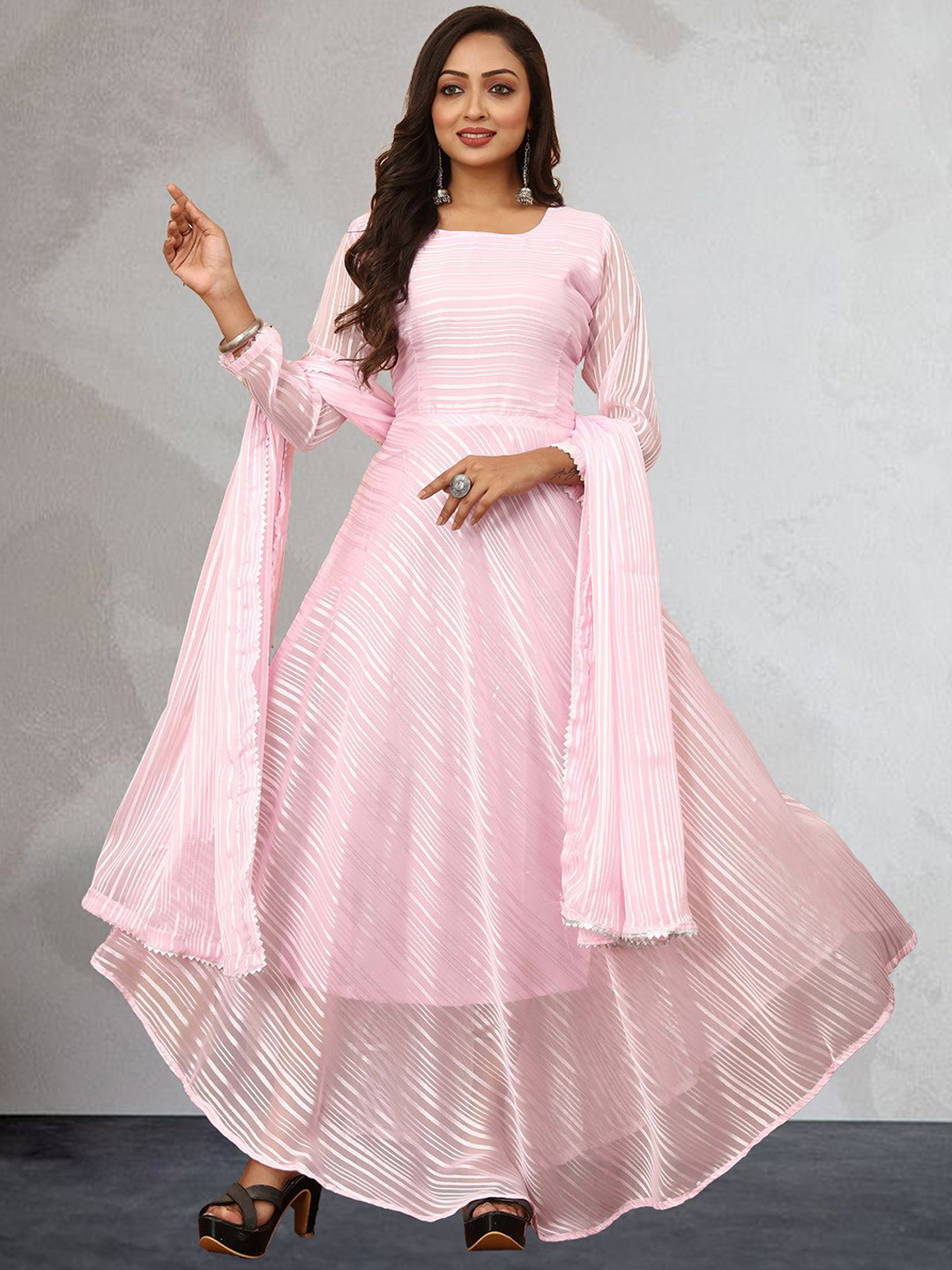 

N N ENTERPRISE Striped Georgette Fit & Flare Maxi Ethnic Dresses With Dupatta, Pink