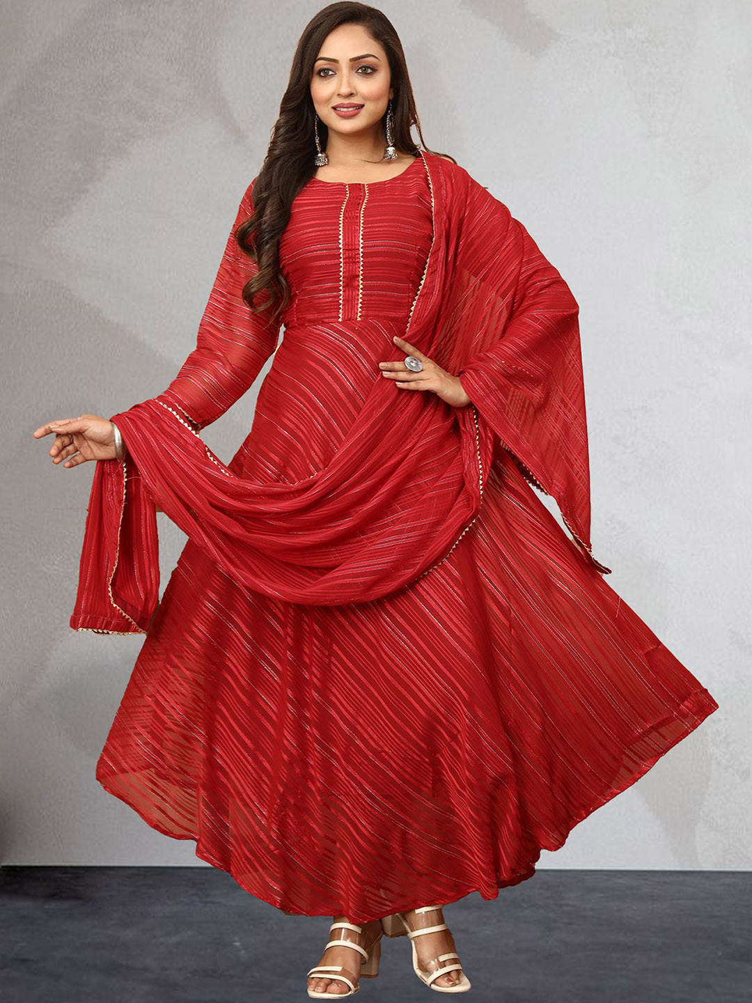 

N N ENTERPRISE Striped Fit & Flared Maxi Ethnic Dress With Dupatta, Red
