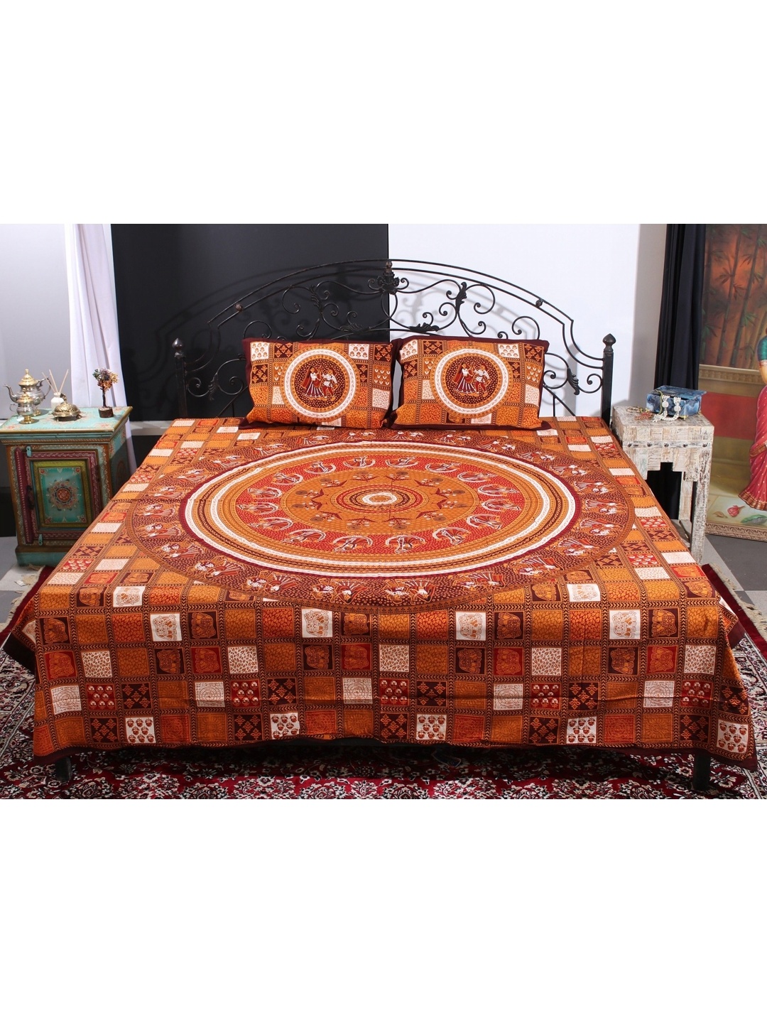 

Exotic India Orange & Pink Ethnic Motifs 300 TC Queen Bedsheet with 2 Pillow Covers