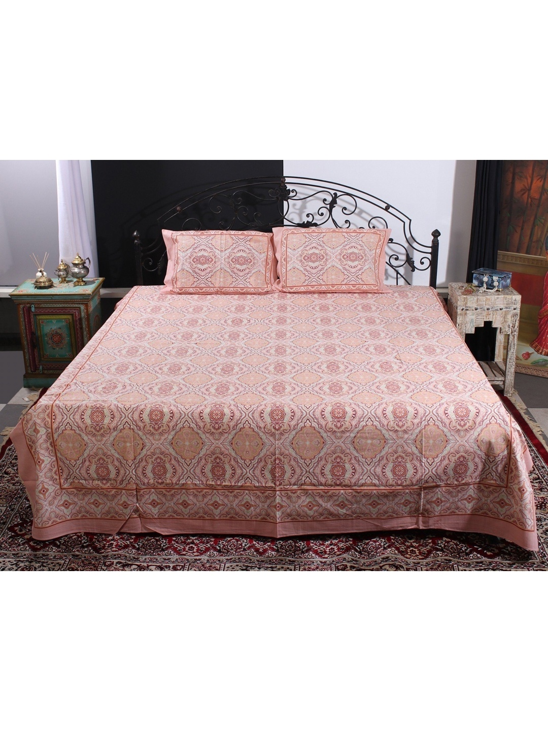 

Exotic India Peach-Coloured Ethnic Motifs 300 TC Queen Bedsheet with 2 Pillow Covers