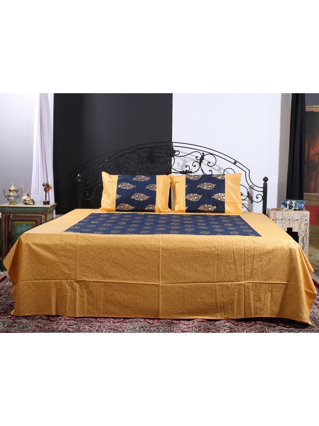 

Exotic India Brown & Blue Ethnic Motifs 300 TC Queen Bedsheet with 2 Pillow Covers