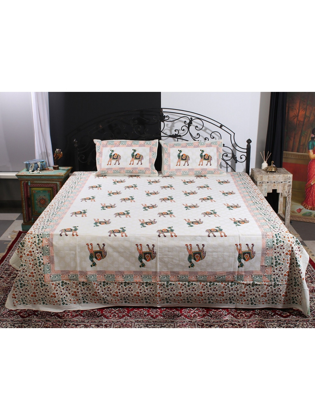

Exotic India Cream-Coloured & Green Ethnic Motifs 300 TC Queen Bedsheet with Pillow Covers