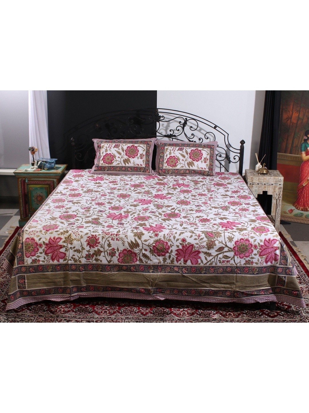 

Exotic India White & Pink Floral 300 TC Queen Bedsheet with 2 Pillow Covers