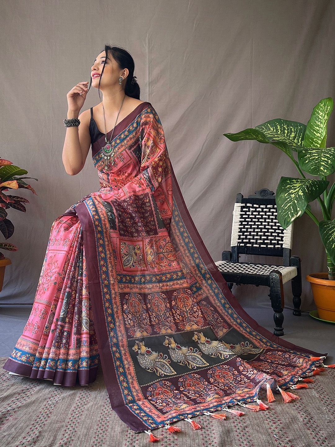 

Ishin Kalamkari Cotton Blend Saree, Pink