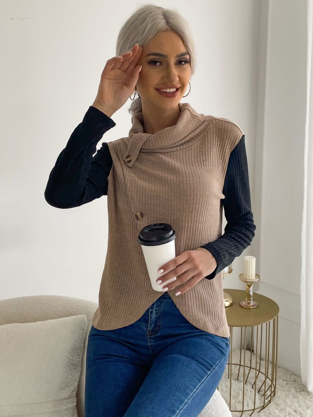 

Stylecast X KPOP Solid High Neck Long Sleeves Knits Top, Khaki