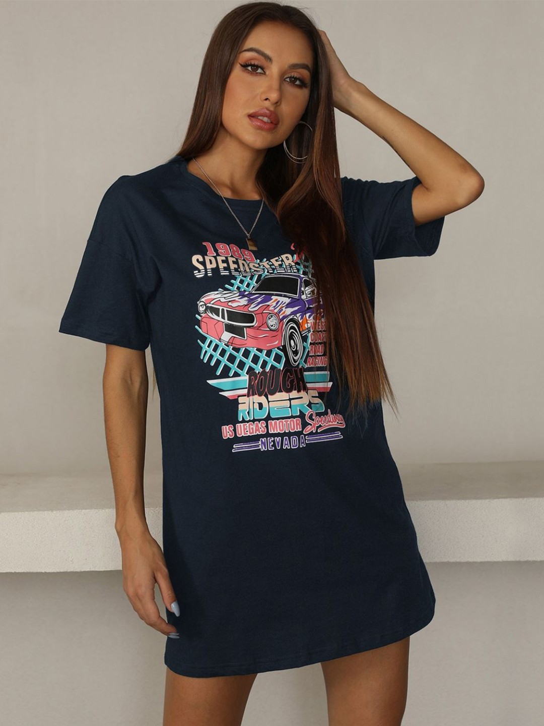 

Stylecast X KPOP Women Graphic Printed Round Neck Longline T-shirt, Blue