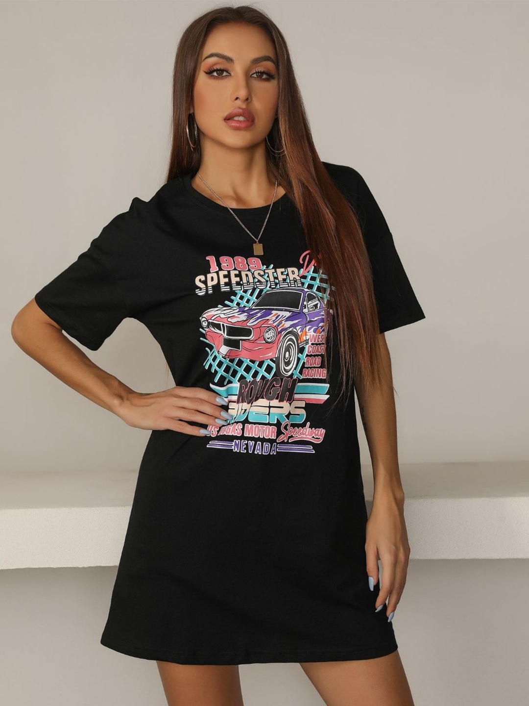 

Stylecast X KPOP Women Graphic Printed Round Neck Longline T-shirt, Black