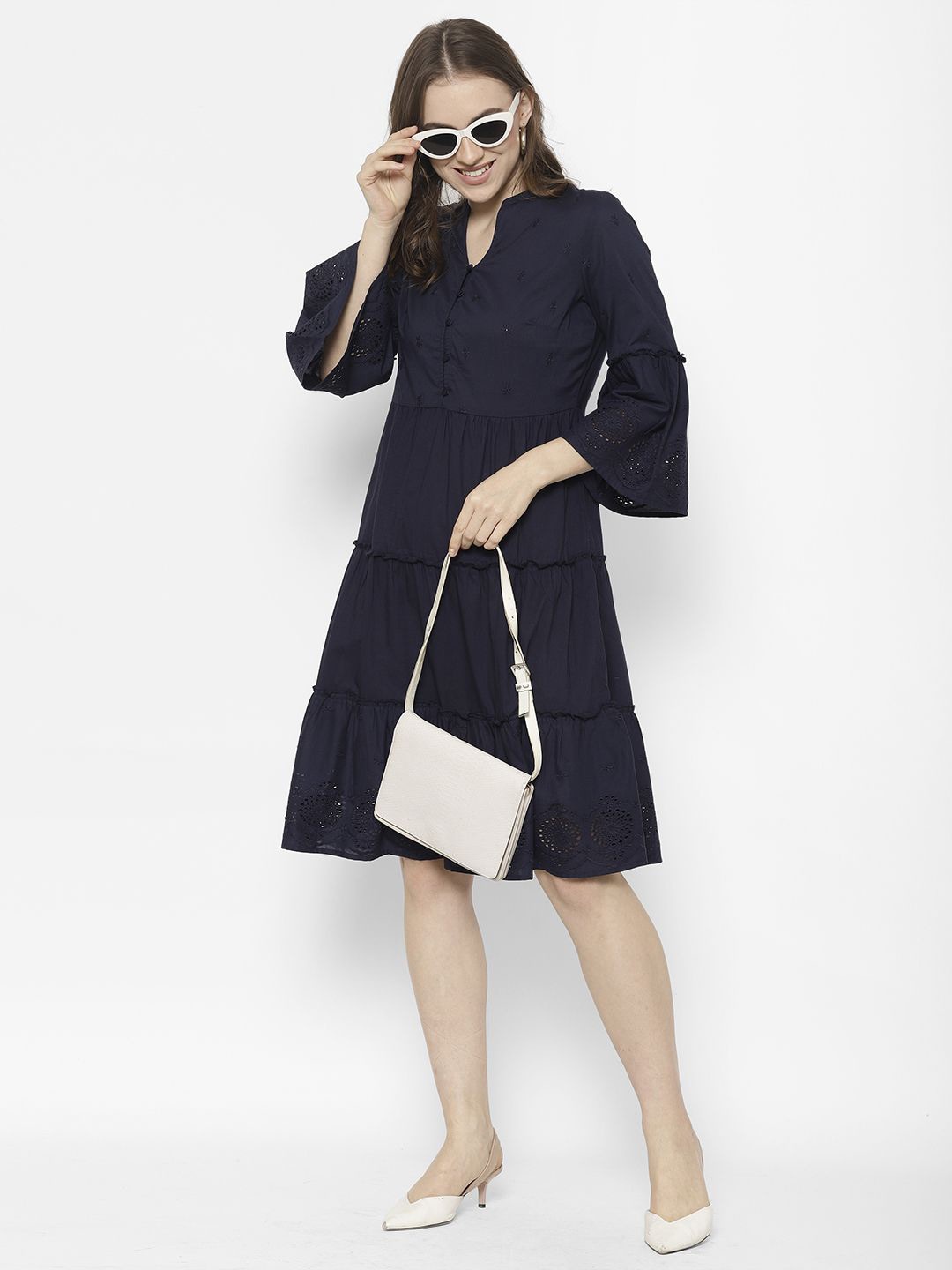 

HOUSE OF KKARMA Cotton Bell Sleeve A-Line Dress, Navy blue