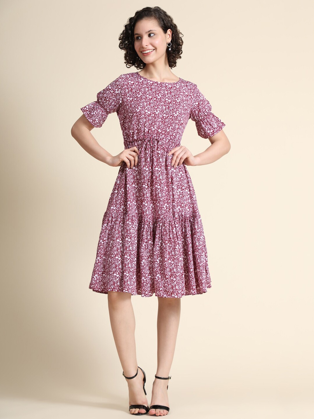 

BAESD Floral Print Puff Sleeves Fit & Flare Dress, Maroon