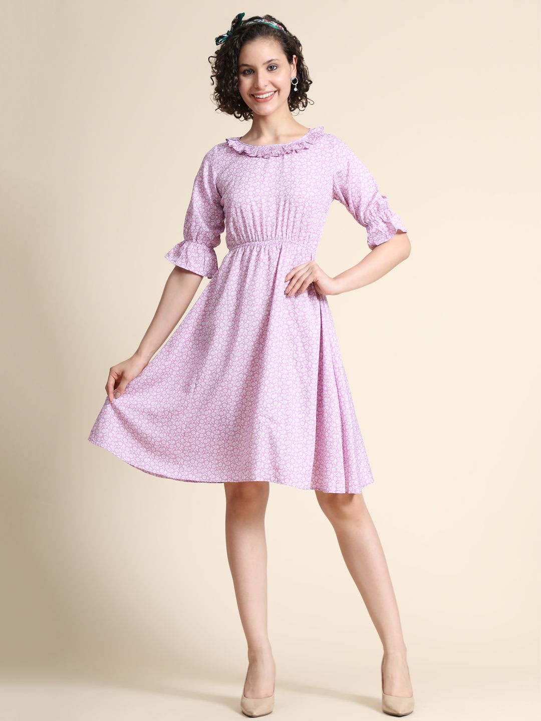 

BAESD Floral Print Puff Sleeves Fit & Flare Dress, Pink