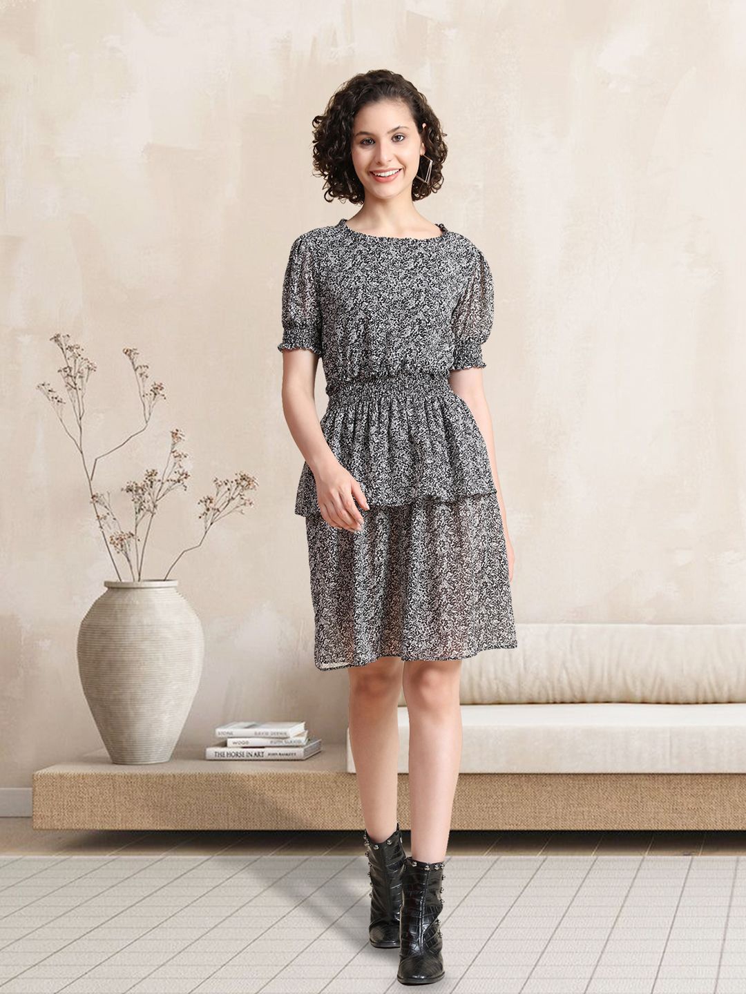 

BAESD Print Layered Fit & Flare Dress, Black
