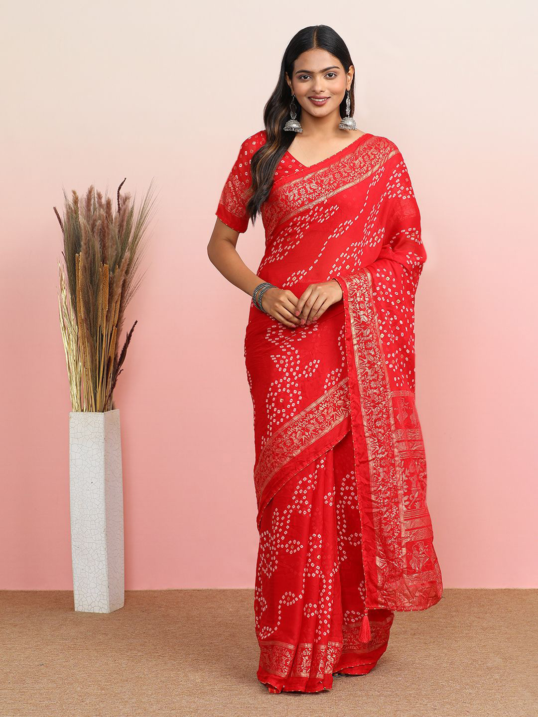 

MAHALASA Woven Design Zari Bandhani Saree, Red