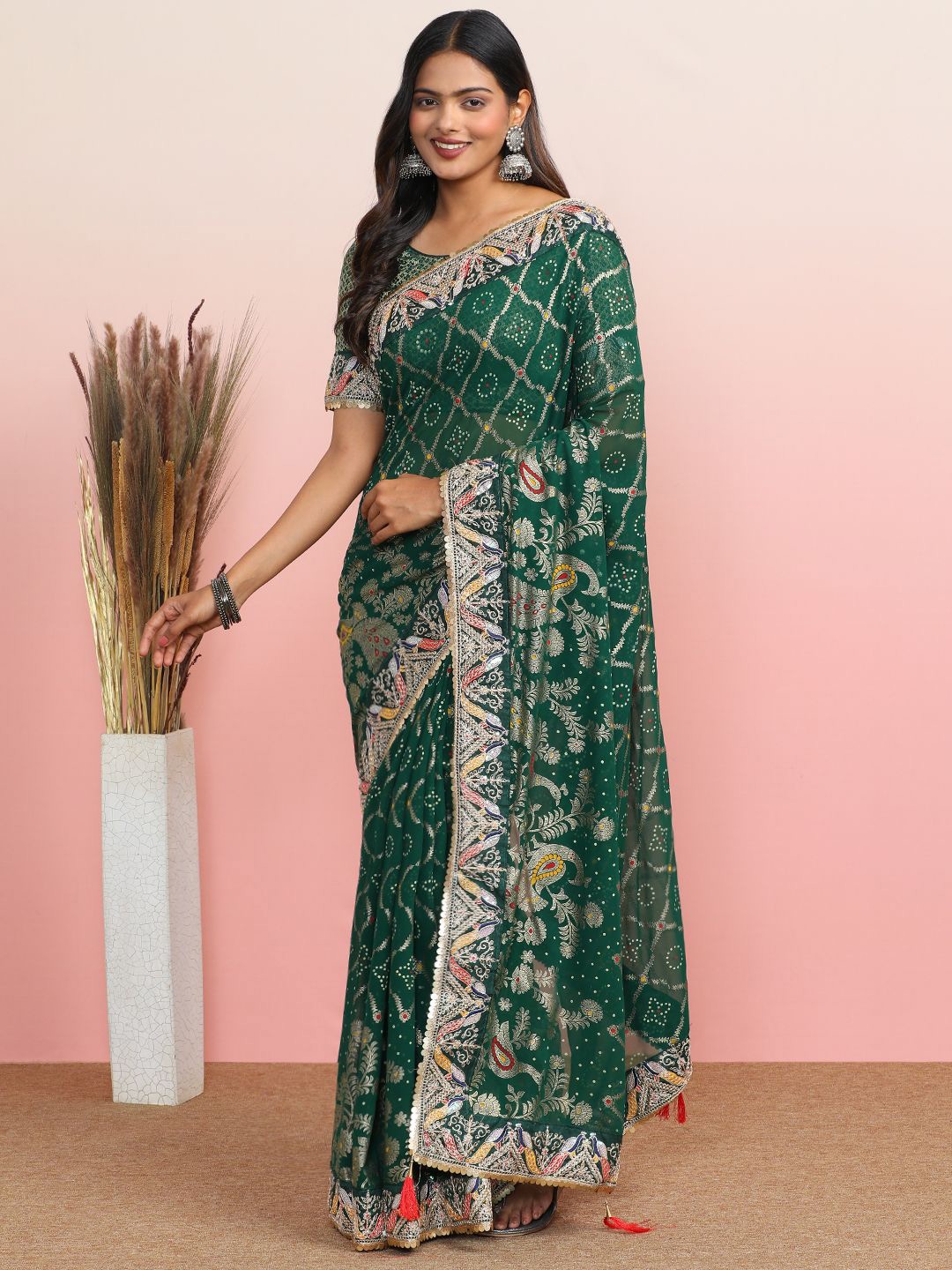 

MAHALASA Women Woven Design Zari Bandhani Sarees, Green