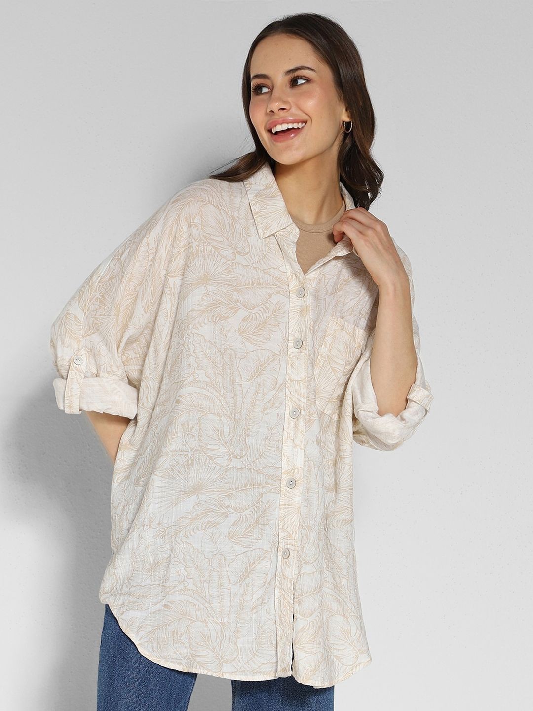 

AMERICAN EAGLE OUTFITTERS Women Printed Oversized Casual Shirt, Beige