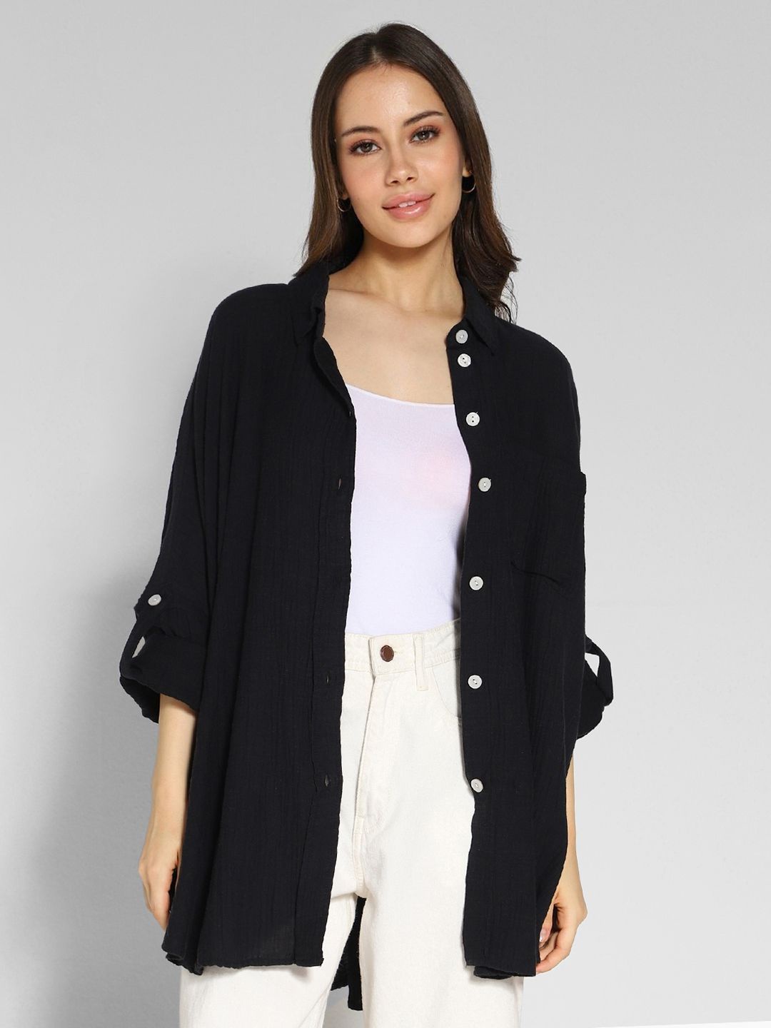 

AMERICAN EAGLE OUTFITTERS Women Oversized Solid Casual Shirt, Black