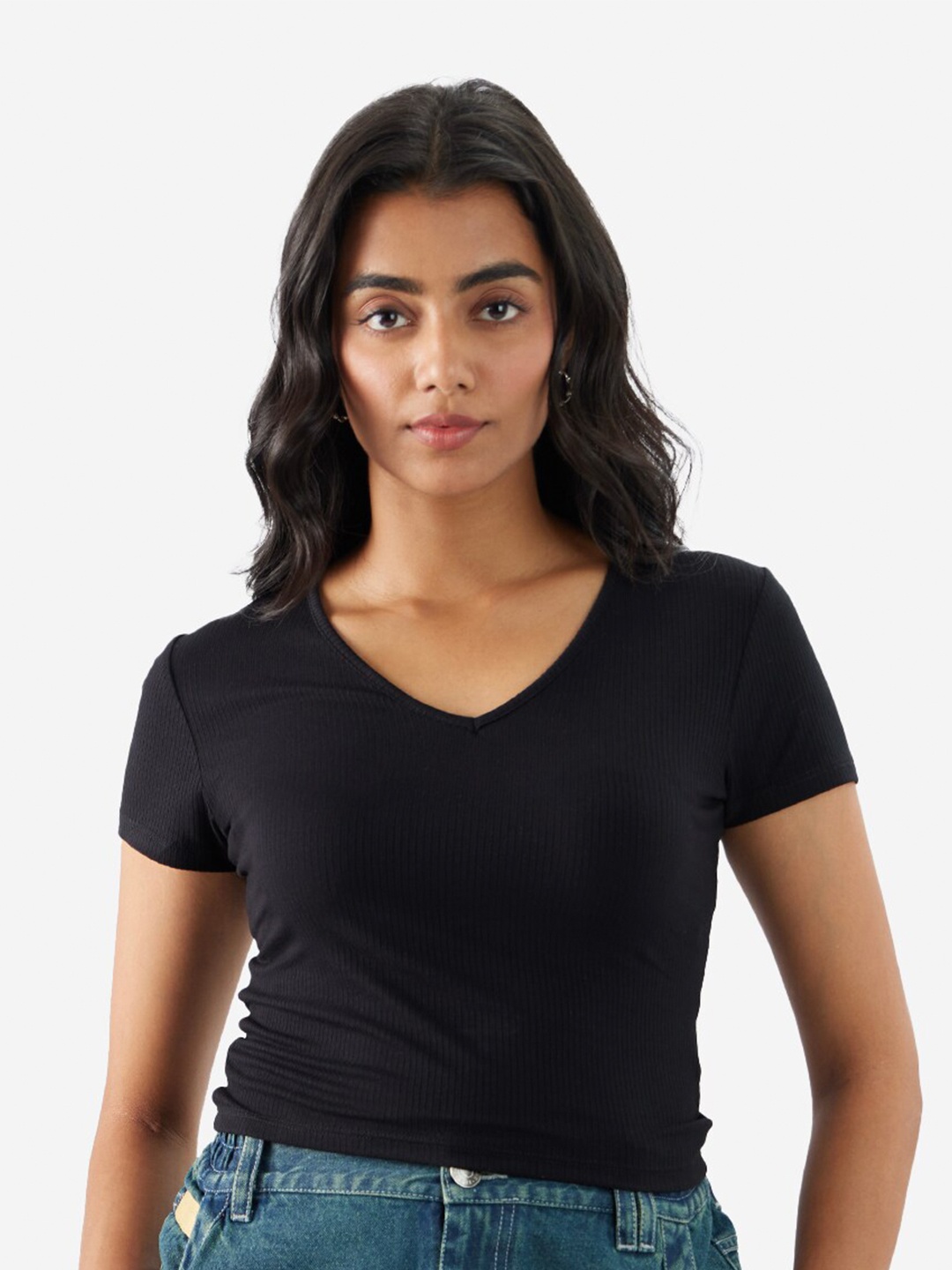 

The Souled Store V-Neck Solid Crop Top, Black