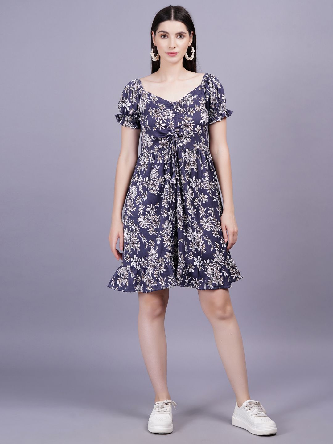 

JC4U Floral Print Puff Sleeve A-line Dress, Navy blue