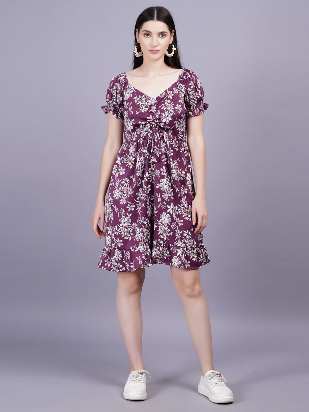 

JC4U Floral Print Puff Sleeve A-line Dress, Purple