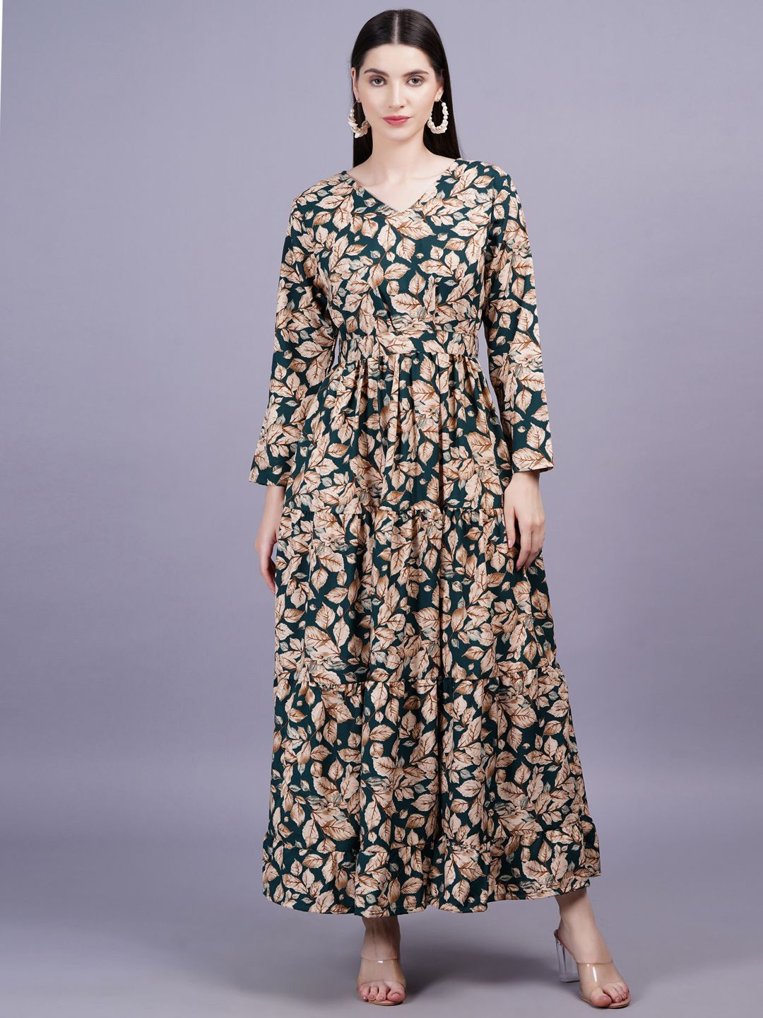 

JC4U V-Neck Tropical Print Maxi Dress, Green