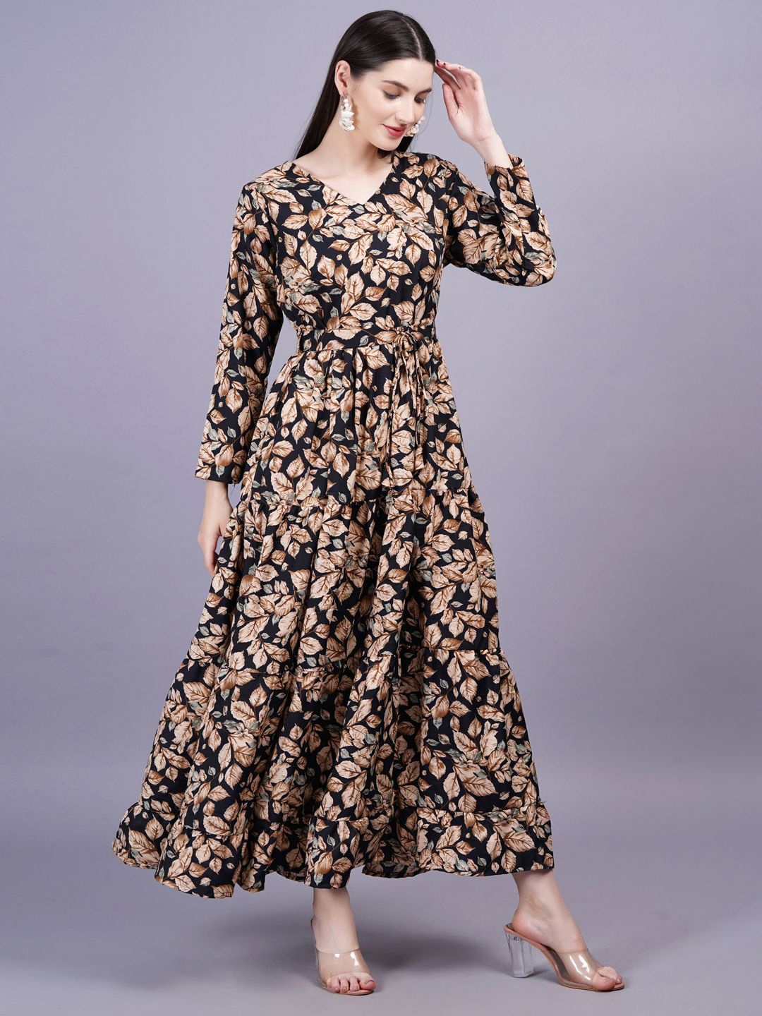 

JC4U V-Neck Tropical Print Maxi Dress, Black