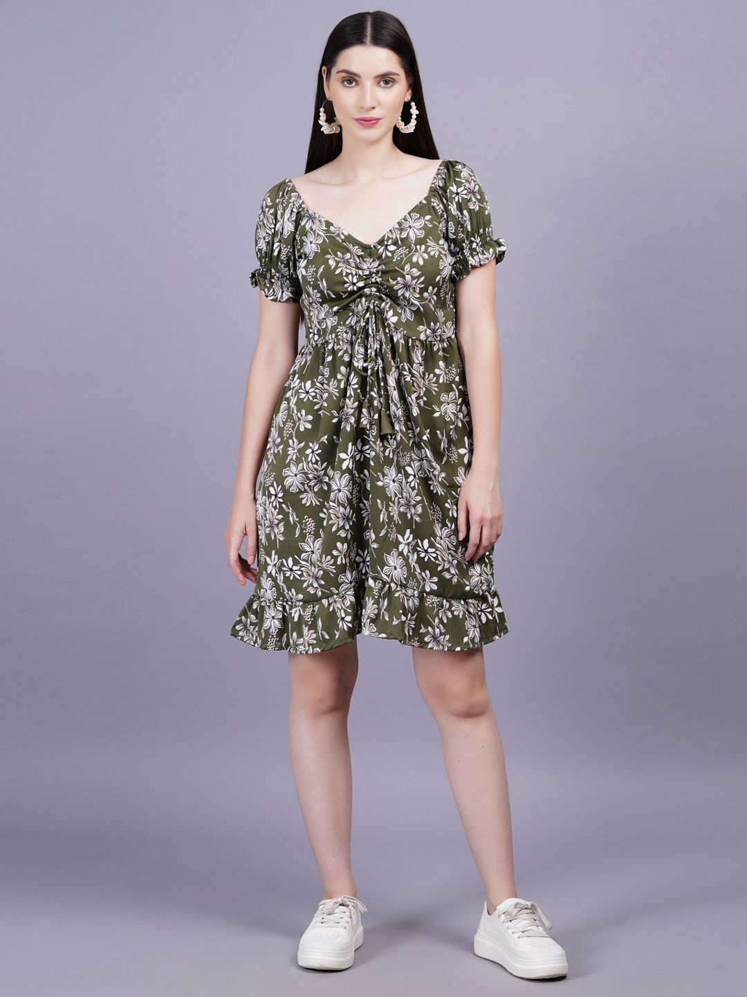 

JC4U Floral Print Puff Sleeve A-line Dress, Olive