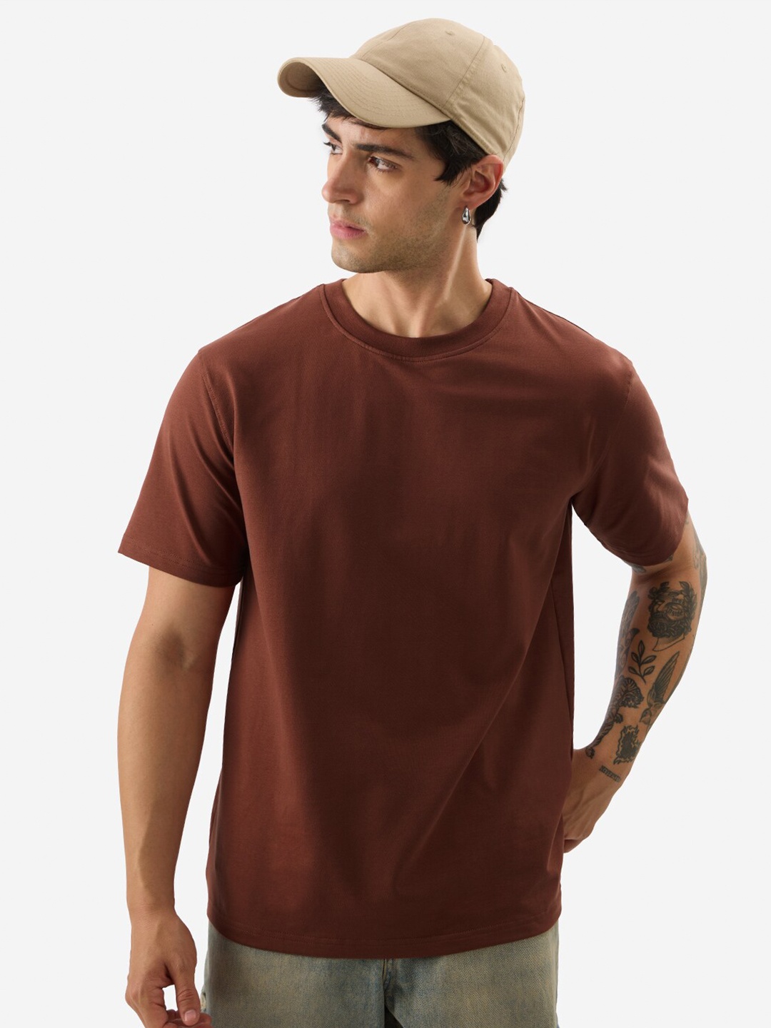 

The Souled Store Men Solid Round Neck T-shirt, Brown