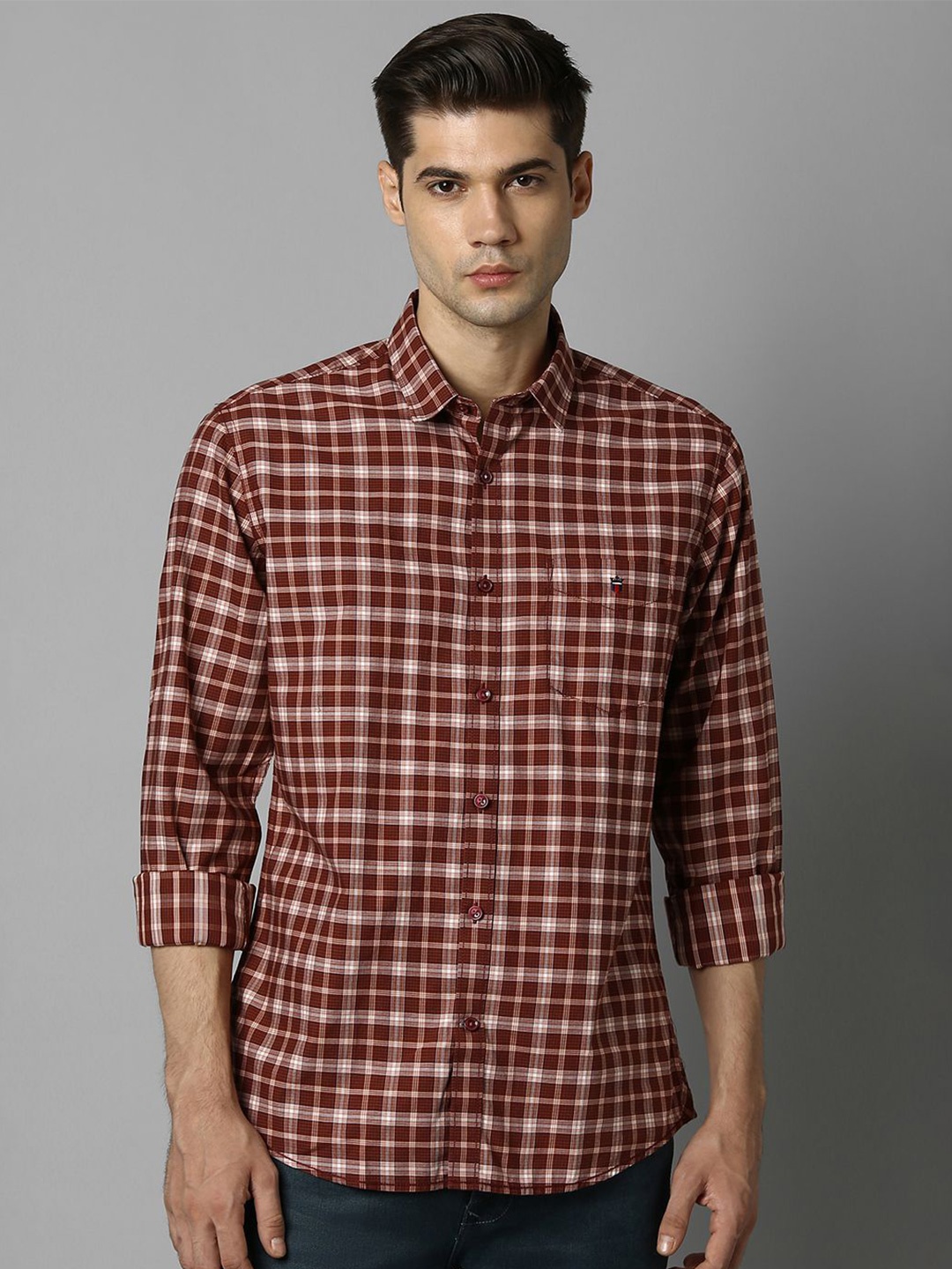 

Louis Philippe Sport Men Tartan Checked Spread Collar Casual Shirt, Maroon