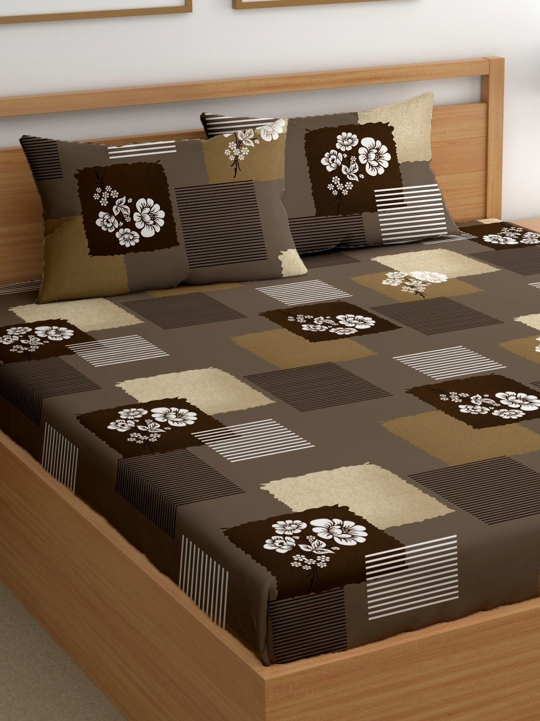 

CHHAVI INDIA Brown & White Floral 210 TC King Bedsheet with 2 Pillow Covers