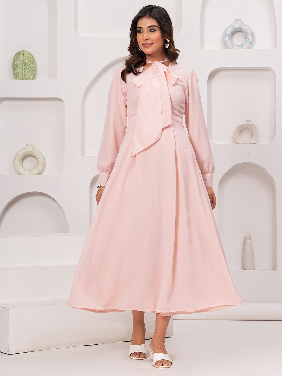 

Hatheli Cuffed Sleeves Fit & Flare Midi Dress, Cream