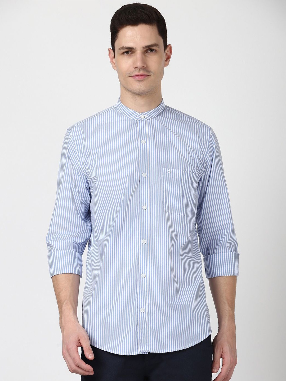 

Peter England Casuals Men Striped Mandarin Collar Casual Shirt, Blue