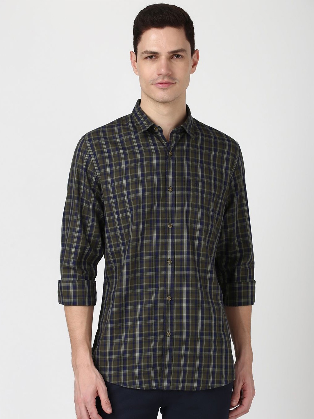 

Peter England Casuals Men Checked Spread Collar Casual Shirt, Olive