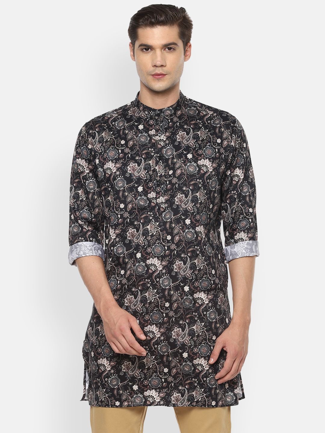 

V Dot Men Ethnic Printed Band Collar Cotton Slim Fit Kurta, Black