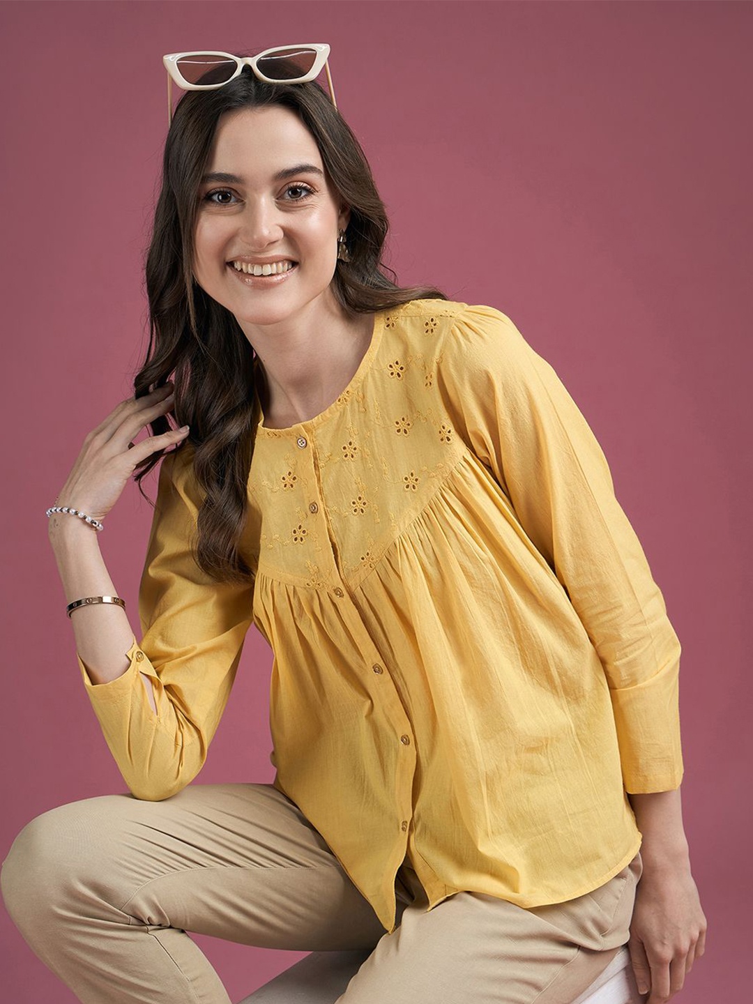 

DressBerry Embroidered Round Neck Top, Yellow