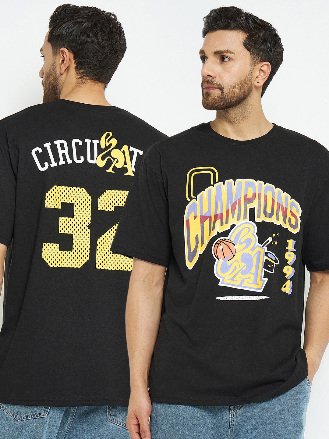 

Skidlers Men Varsity Printed V-Neck Applique T-shirt, Black